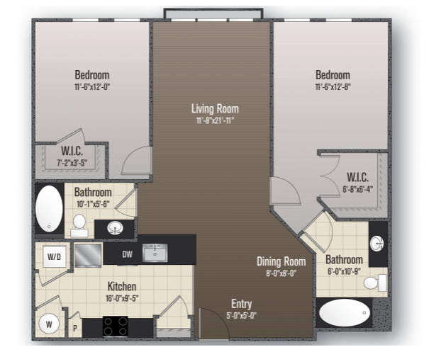 Floor plan for 2 beds, 2 baths, 1020 sqft